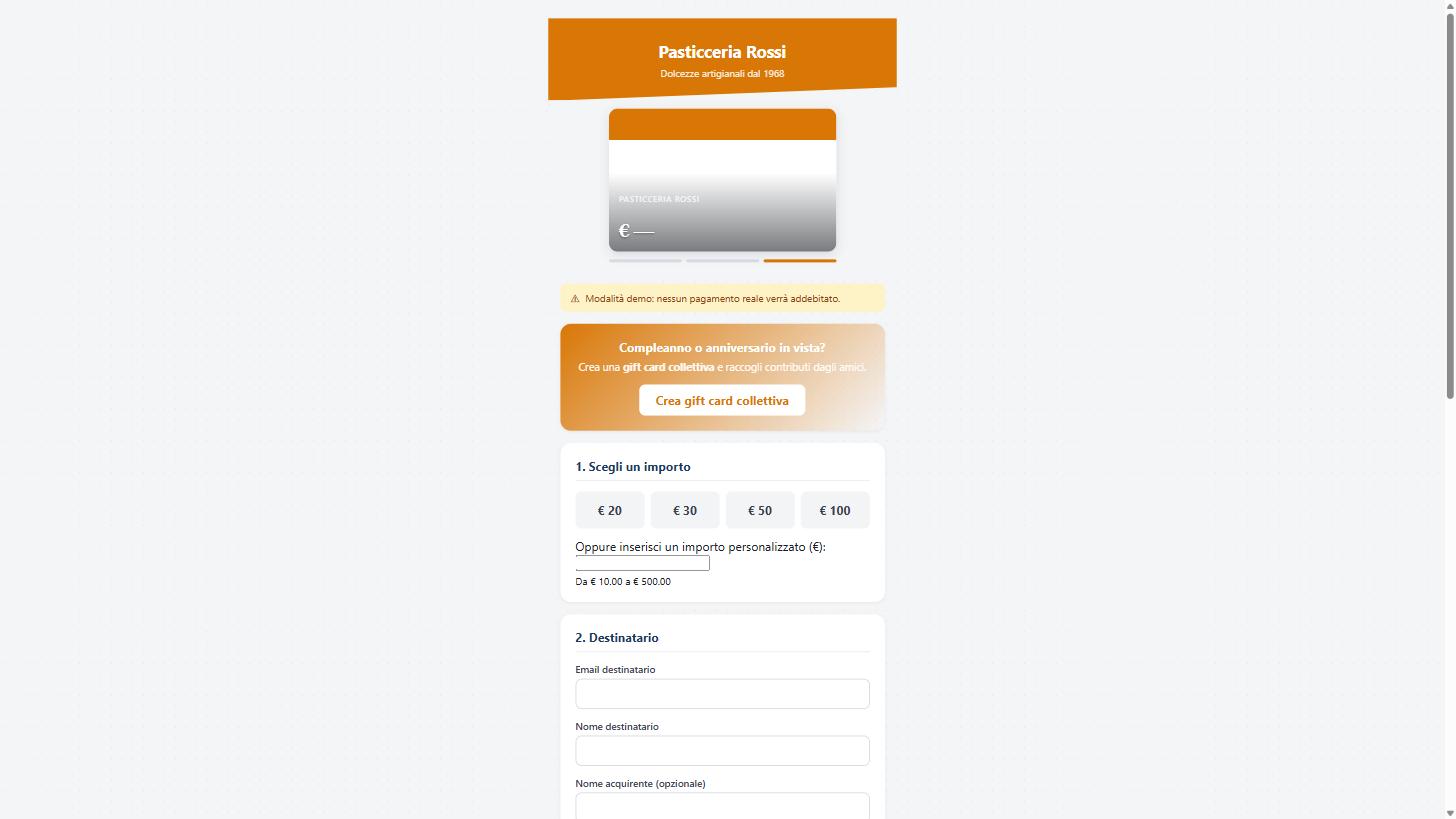 Vetrina online Cardly di una pasticceria: gift card arancione brandizzata, scelta dell'importo, opzione gift card collettiva e campi con i dati del destinatario