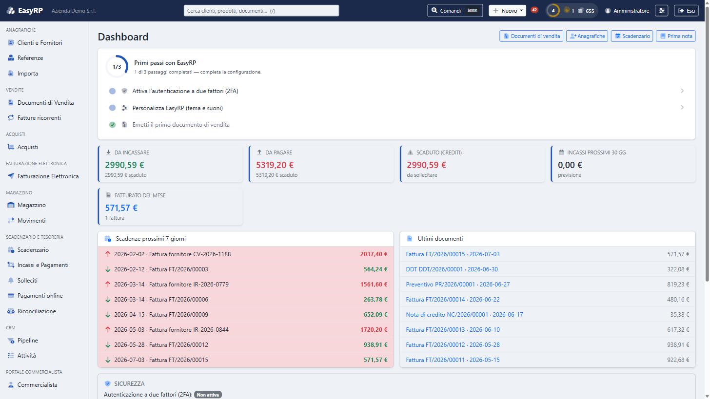 Dashboard di EasyRP: importi da incassare, da pagare e scaduto, scadenze dei prossimi 7 giorni e ultimi documenti emessi